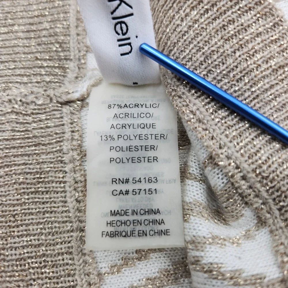 Calvin Klein Hat Cap Womens Medium Tan White Metallic Zigzag Knit Beanie Soft CK